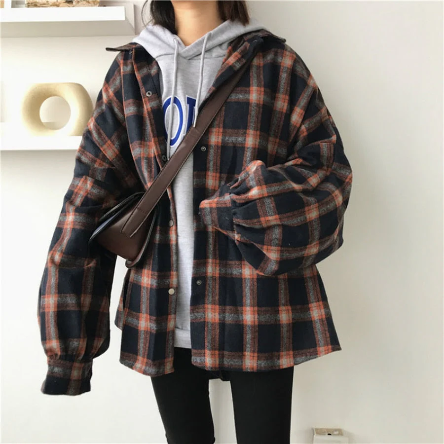 Christmas Gift Deanwangkt Harajuku Autumn Plaid Thin Section Wool Cardigan Korean Puff Sleeve Slim Warm Shirt Jacket Retro Casual Women Button Top - Deanwangkt