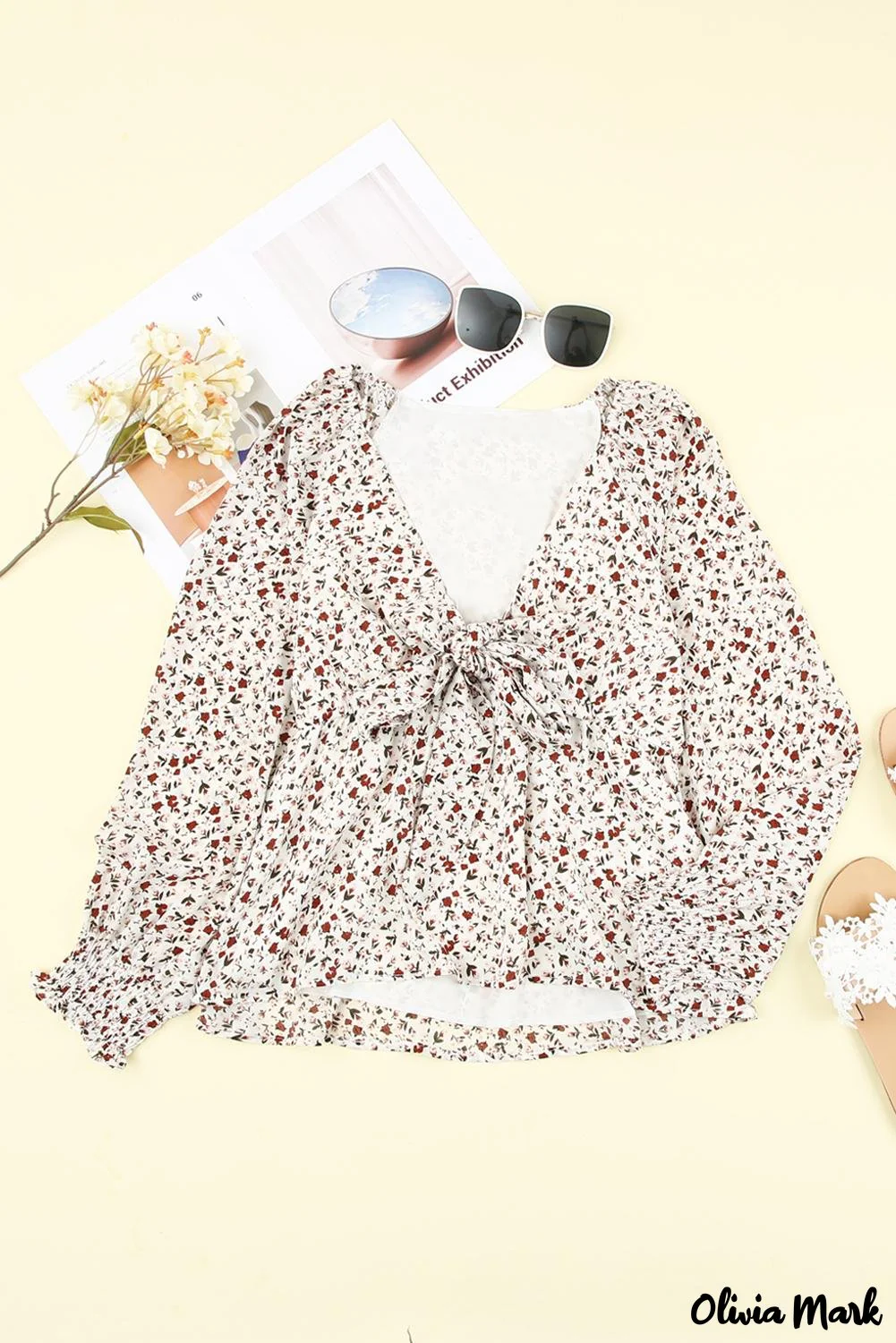 Deanwangkt - Brown Floral Ruffle Long Sleeve Blouse - Deanwangkt