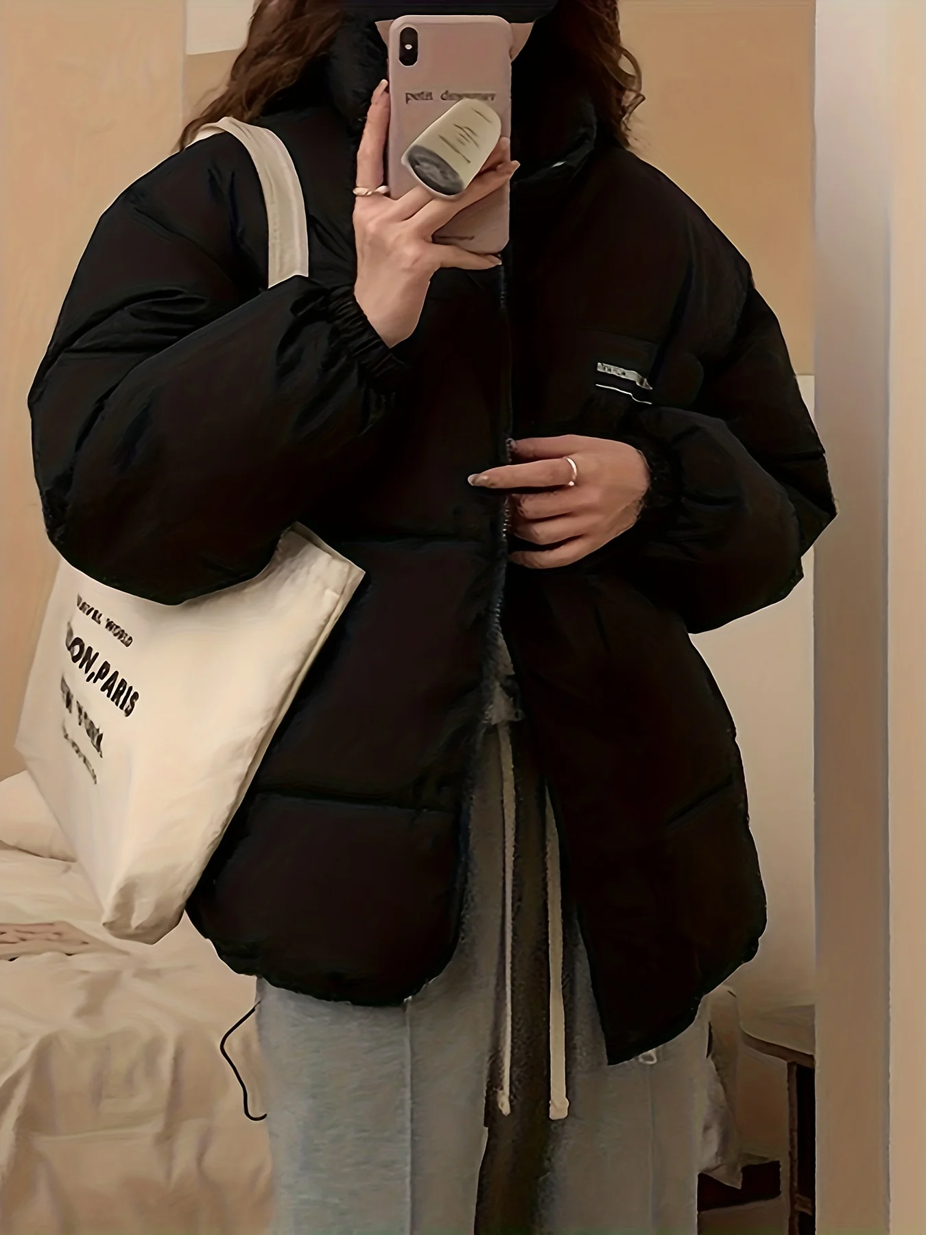 Zip Up Letter Print Puffy Coat, Long Sleeve Slant Pockets Outwear For Winter, Women's Clothing - Deanwangkt