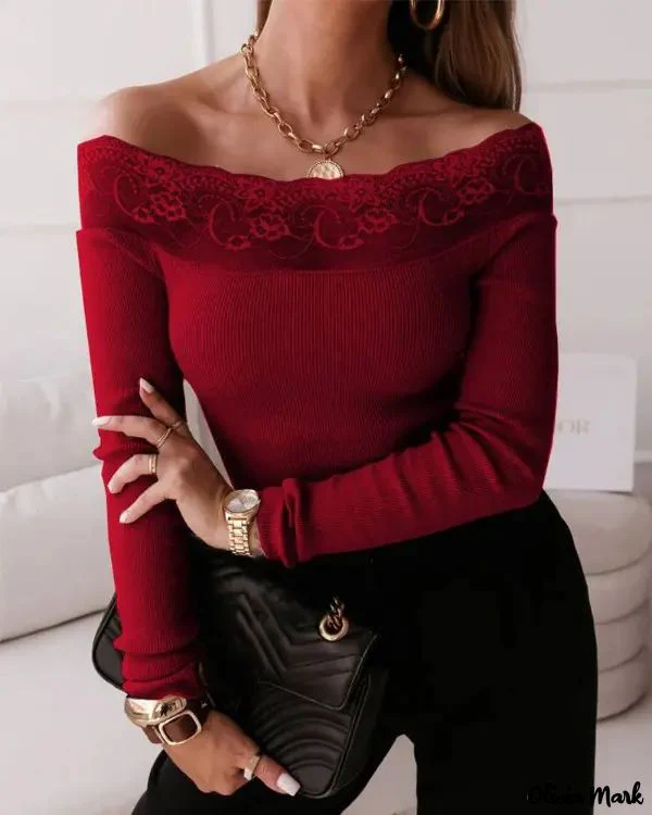 Deanwangkt - Contrast Lace Off-the-Shoulder Long Sleeve Top - Deanwangkt
