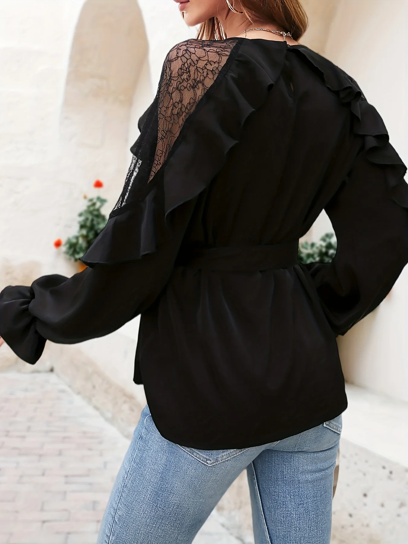 Lace Splicing Ruffle Trim Blouse, Elegant Long Sleeve Belted Blouse For Spring & Fall, Women's Clothing - Deanwangkt