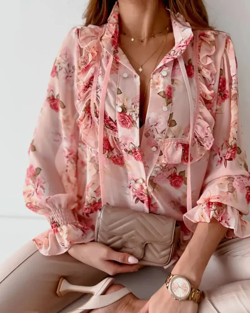 Deanwangkt - Floral Print Ruffle Hem Button Down Shirt - Deanwangkt