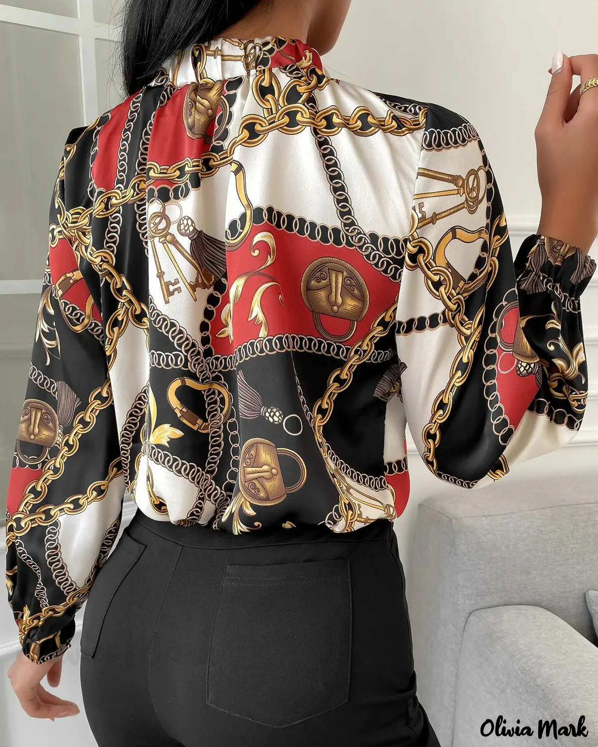 Deanwangkt - Tie Neck Scarf Print Long Sleeve Blouse - Deanwangkt