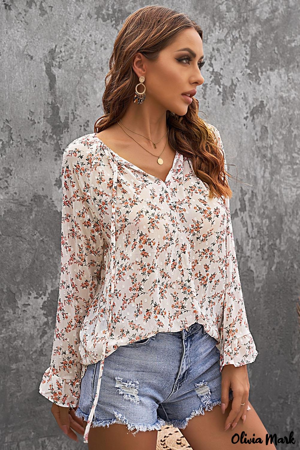 Deanwangkt - Multicolor Floral Print Drawstring Long Sleeve Blouse - Deanwangkt