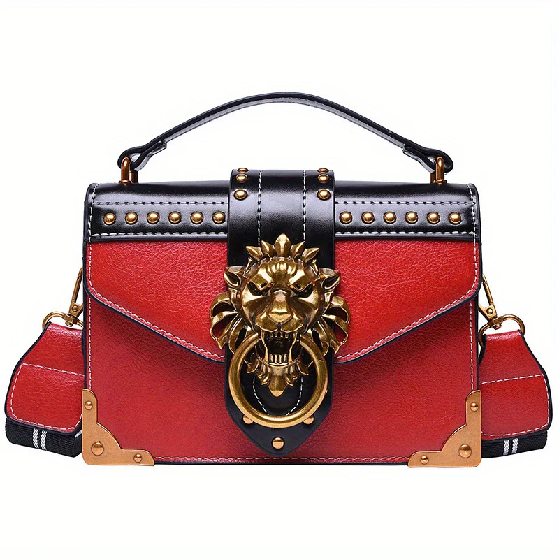 Lion Head Decor Square Crossbody Bag, PU Leather Textured Bag Purse, Cool Girl Versatile Fashion Shoulder Bag - Deanwangkt