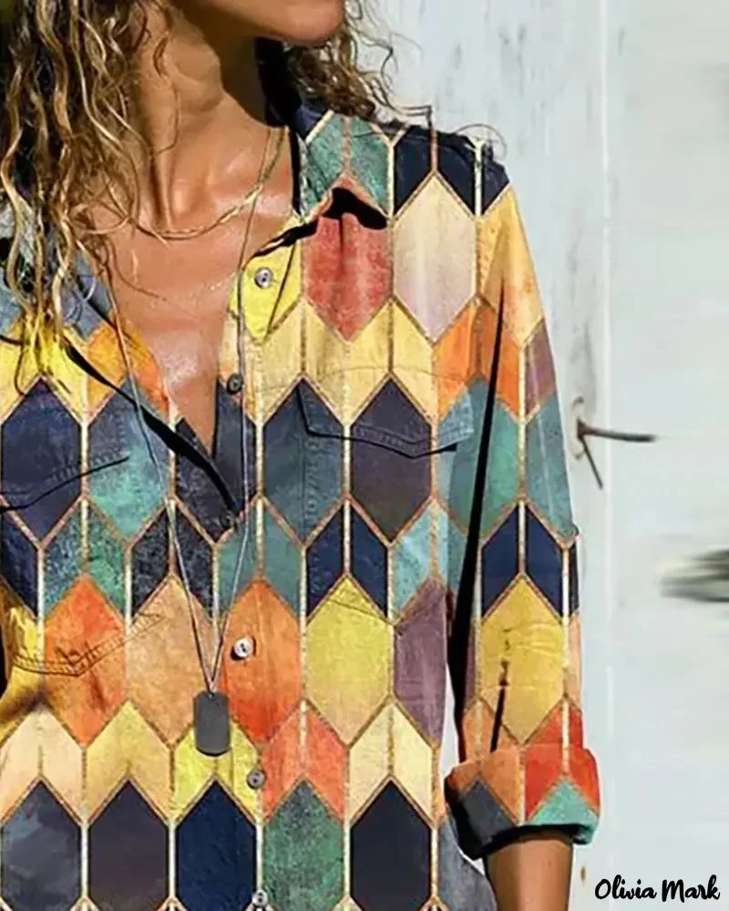 Deanwangkt - Color Block Geometric Print Long Sleeve Shirt - Deanwangkt