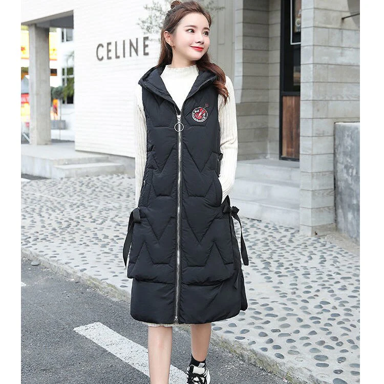 Christmas Gift Deanwangkt Autumn and Winter Korean Mid-length Down Cotton Vest Women's Fashion Hooded Over-the-knee Long Vest Warm Cotton Waistcoat - Deanwangkt