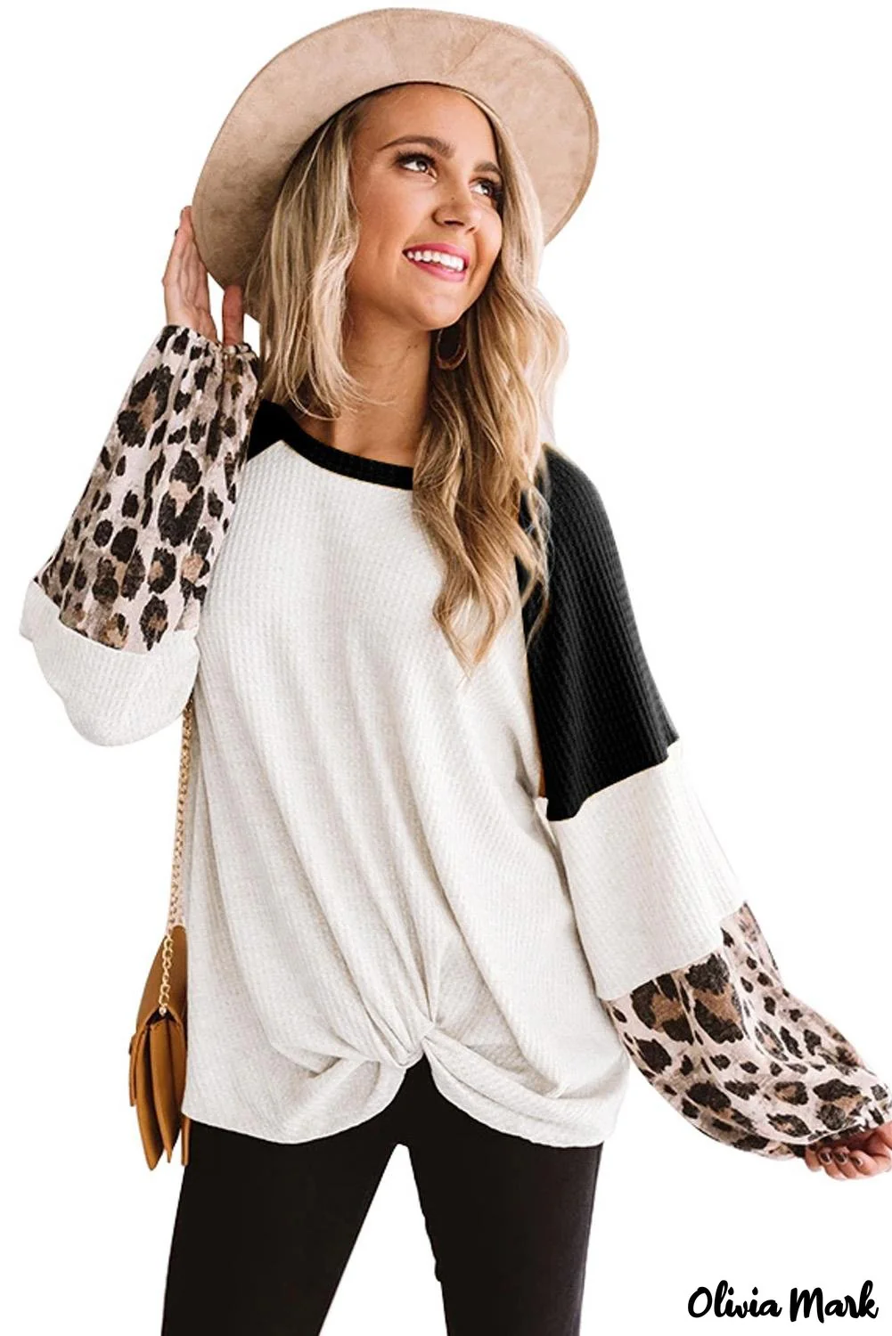 Deanwangkt - Black Waffle Knit Leopard Long Sleeve Twist Knot Blouse - Deanwangkt