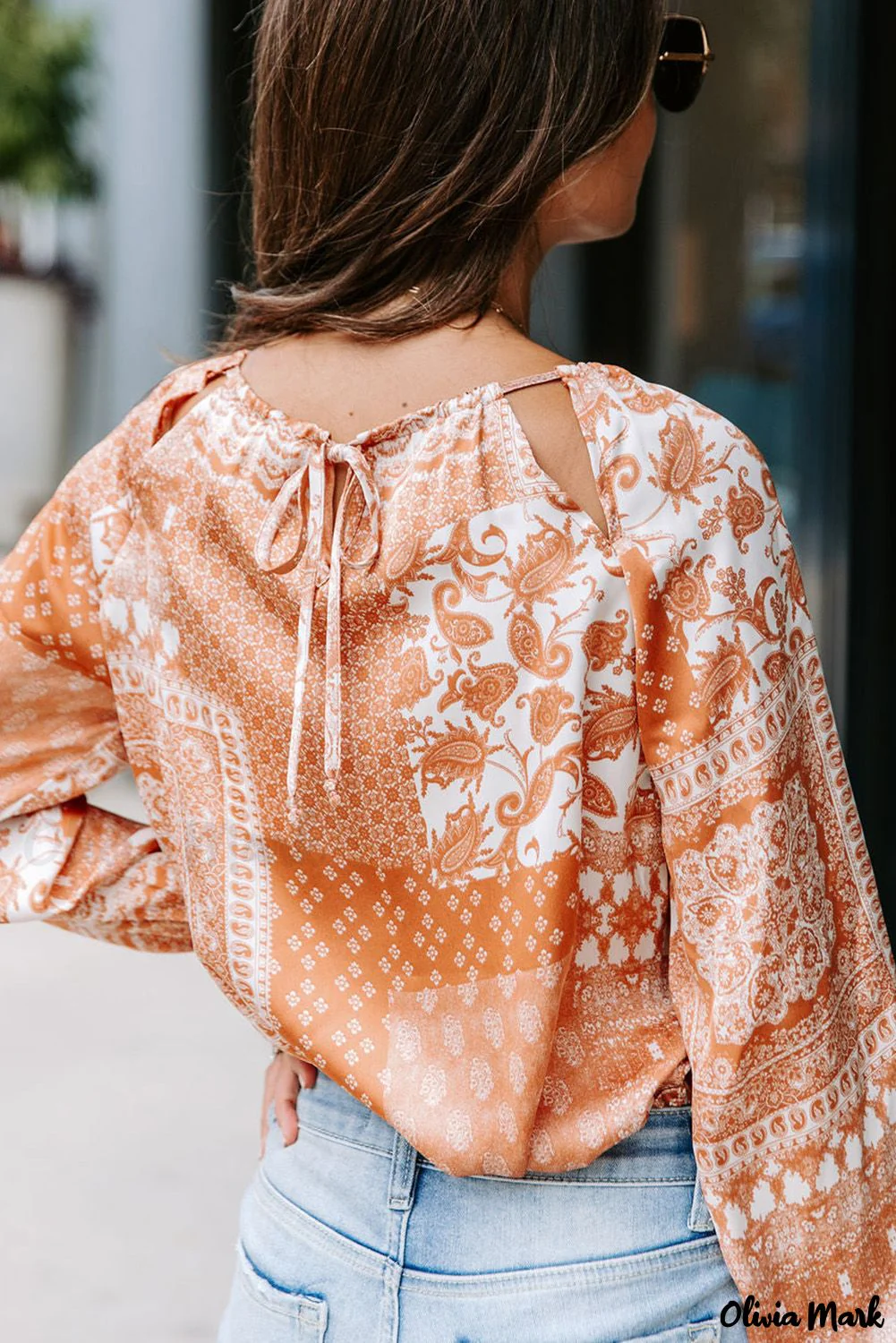 Deanwangkt - Orange round neck bohemian print blouse with drawstring - Deanwangkt