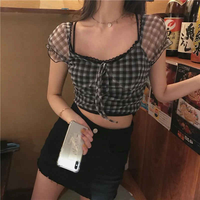 Christmas Gift Deanwangkt Summer New Plaid Tshirts Women Retro Square Collar Shirt Casual Lace Tees Puff Sleeve Crop Tops Female Korean Fashion - Deanwangkt