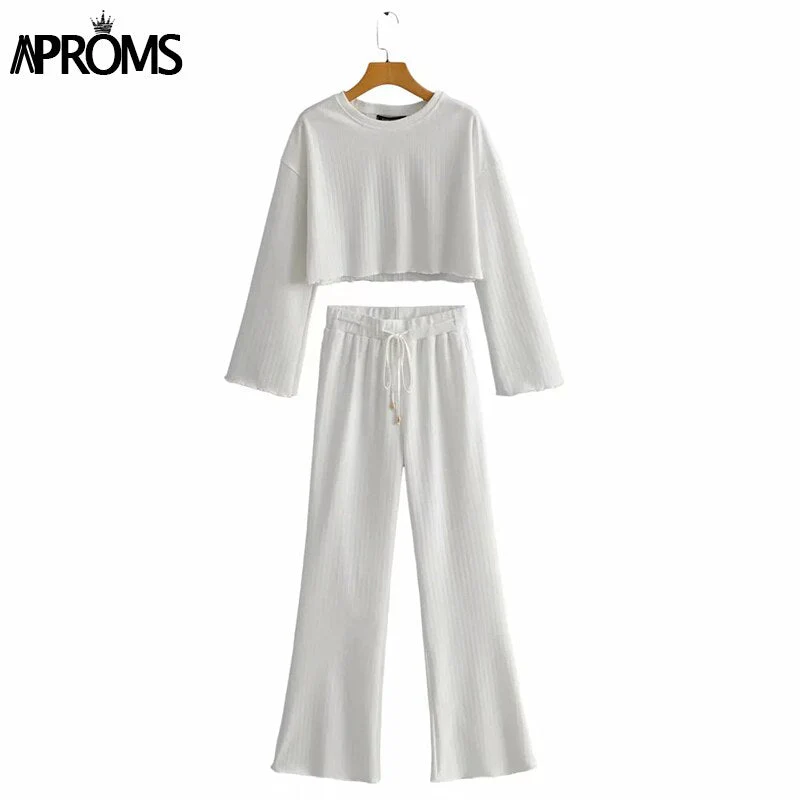 Christmas Gift Aproms White Black Knitted Women's 2 Piece Suits Casual Flare Sleeve Cropped Top and Pants Set Female High Waist Homesuits Deanwangkt - Deanwangkt