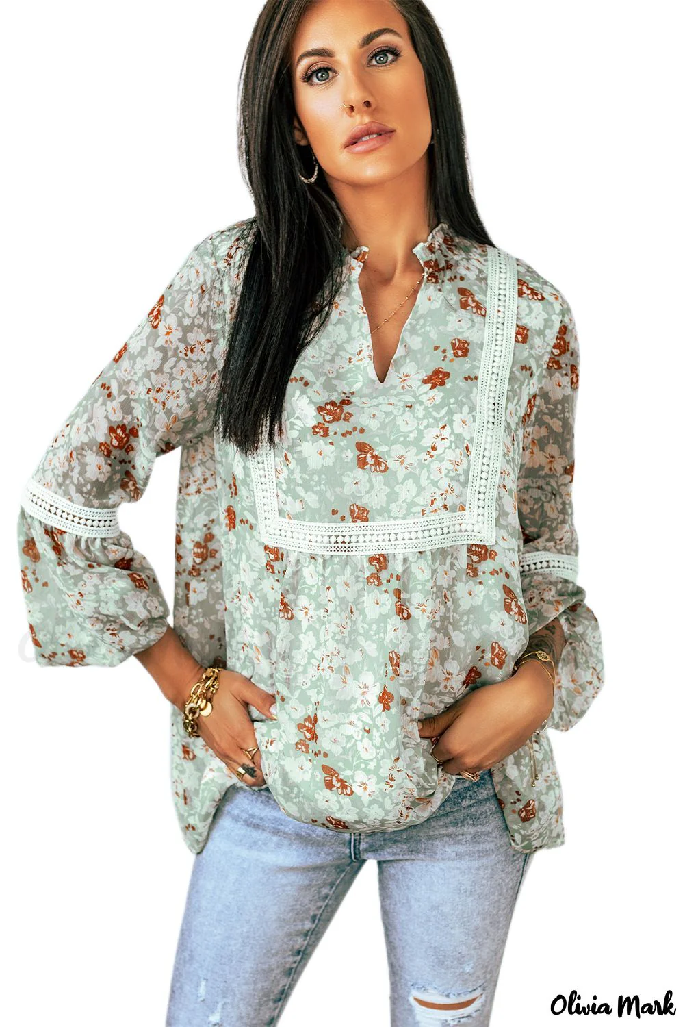 Deanwangkt - Green blouse with floral print and crochet lace - Deanwangkt