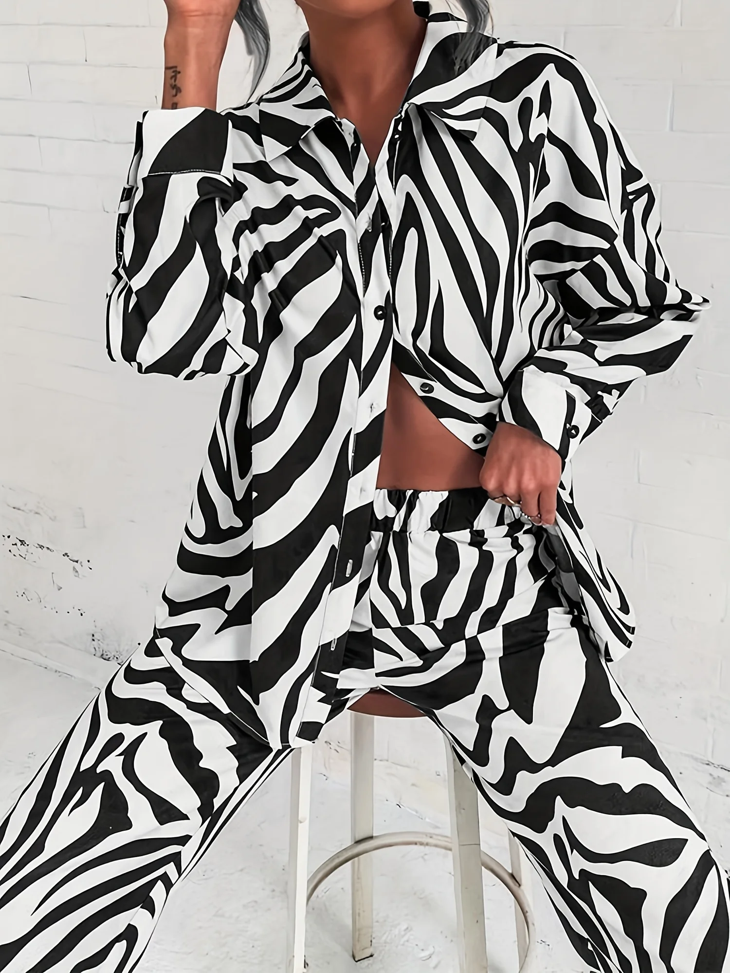 deanwangkt-1 Zebra Print Two-piece Set, Elegant Long Sleeve Button Shirt & Wide Leg Pants Outfits, Women's Clothing - Deanwangkt