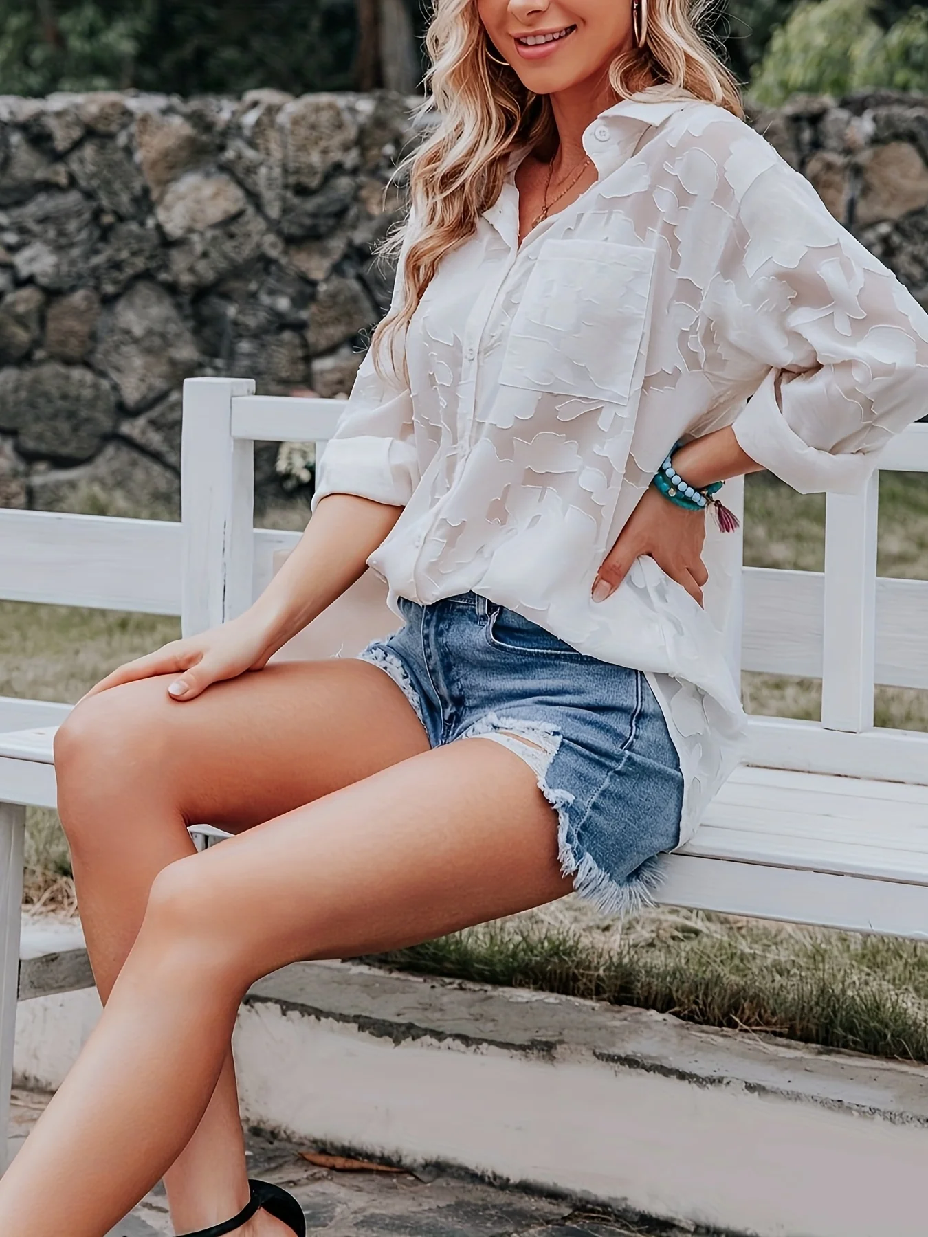 Chiffon Jacquard V-neck Lapel Blouses, Casual Loose Button Down Long Sleeve Fashion Shirts Tops, Women's Clothing - Deanwangkt