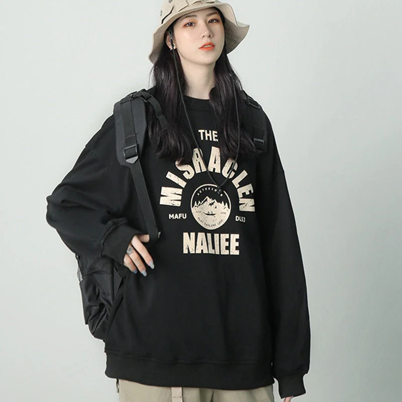 Black Friday Sales Retro Sweater Women Alphabet Print Round Neck Hoodie Loose Long-Sleeved Street Trend Casual Autumn And Winter Thickened Pullover - Deanwangkt