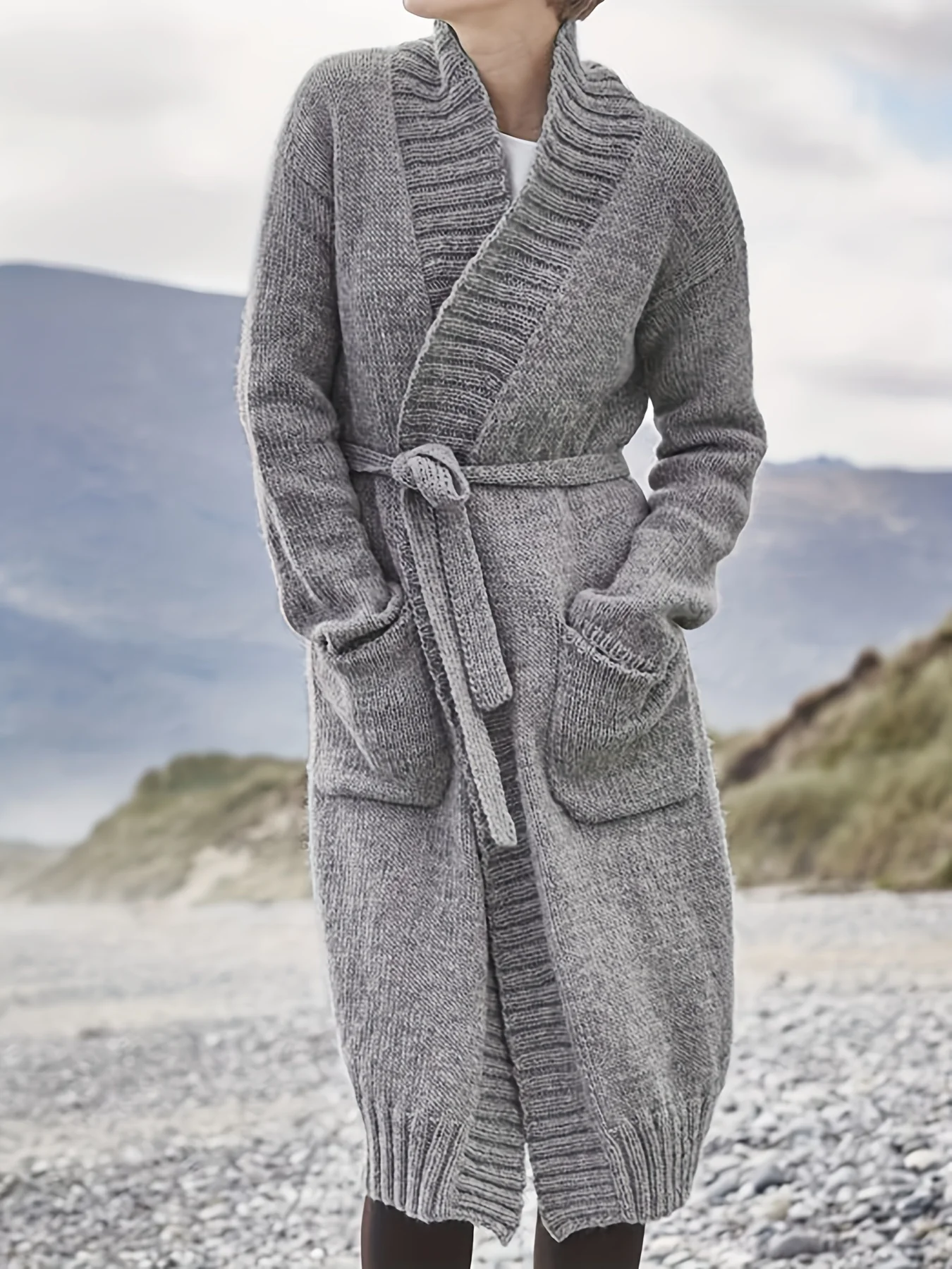 deanwangkt-1  Solid Open Front Knit Belted Cardigan, Casual Long Sleeve Cardigan For Fall & Winter, Women's Clothing - Deanwangkt