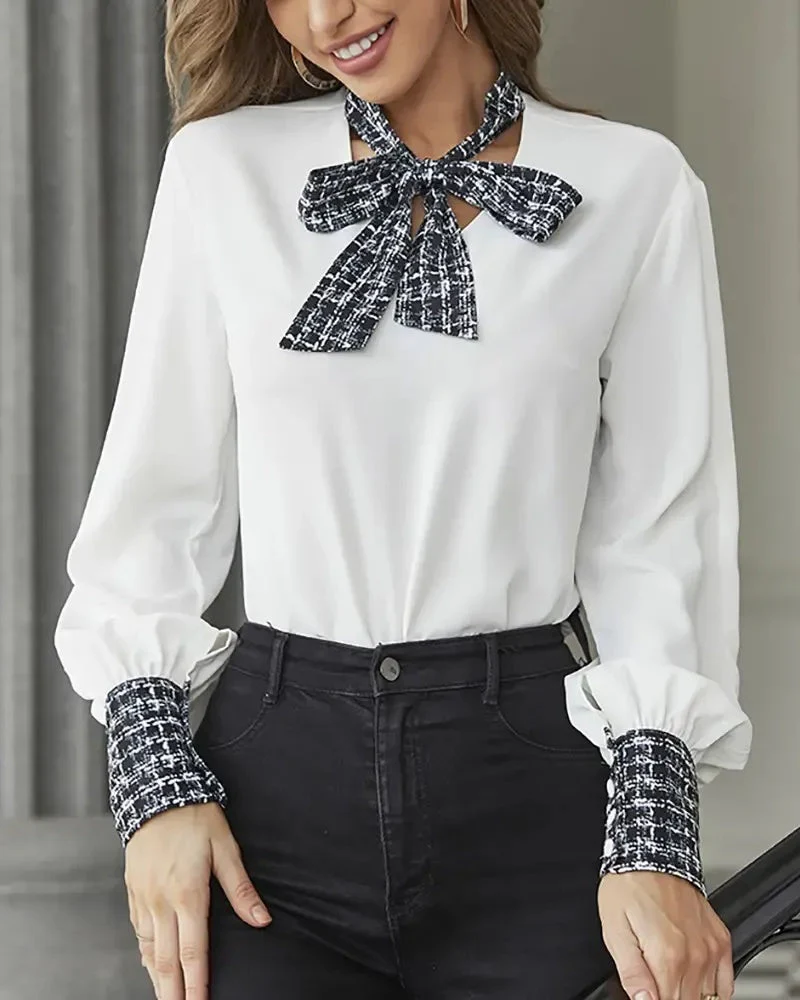 Deanwangkt - Plaid Tie-Neck Lantern Sleeve Top - Deanwangkt