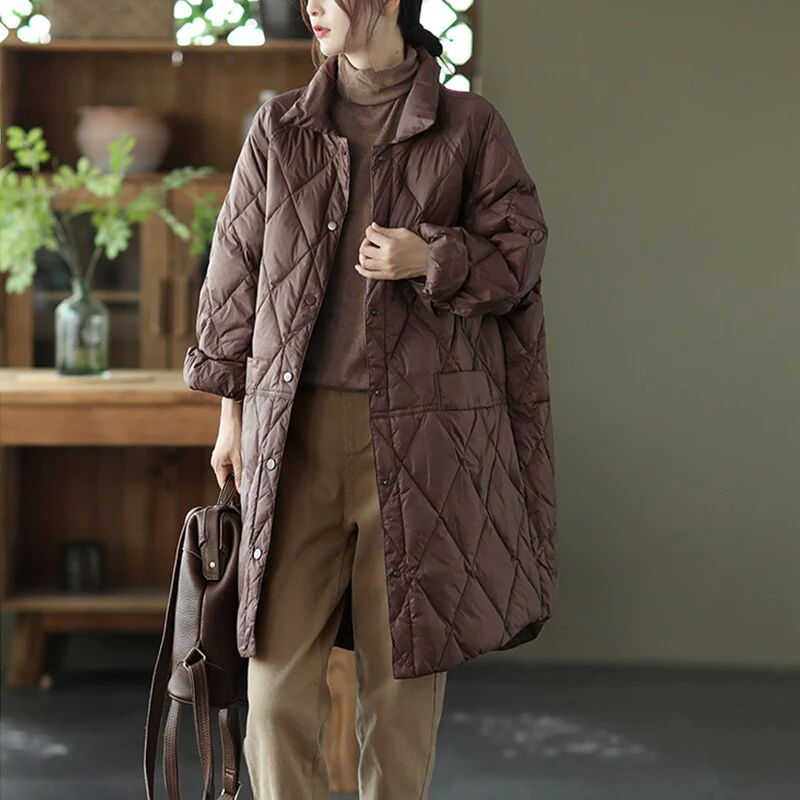 Black Friday Sales Autumn Winter Women Ultra Light Loose Long Down Parka Casual Female Single Breasted White Duck Down Coat Warm Outwear - Deanwangkt