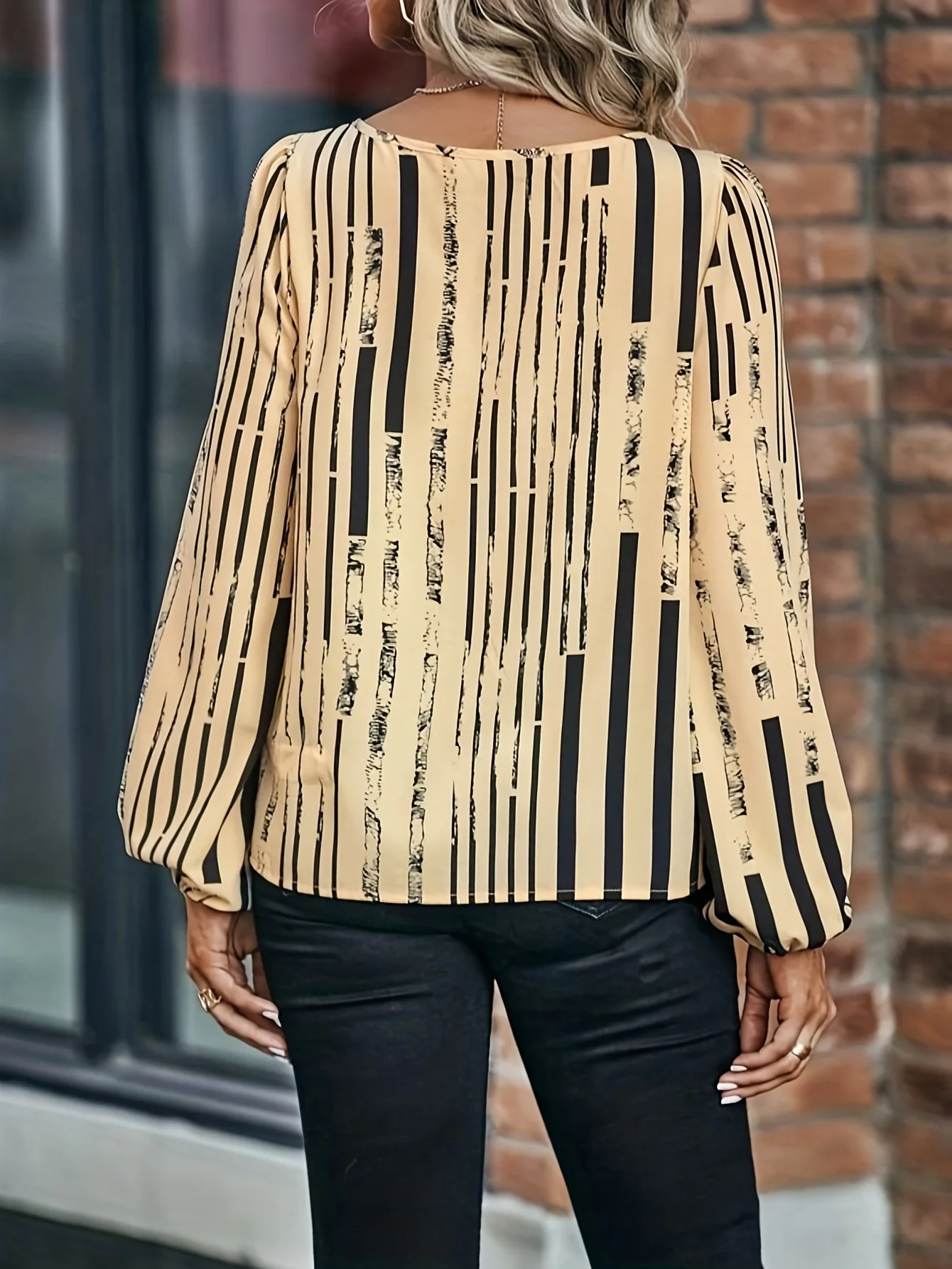 Striped Print Lantern Sleeve Blouse, Casual Crew Neck Blouse For Spring & Fall, Women's Clothing - Deanwangkt