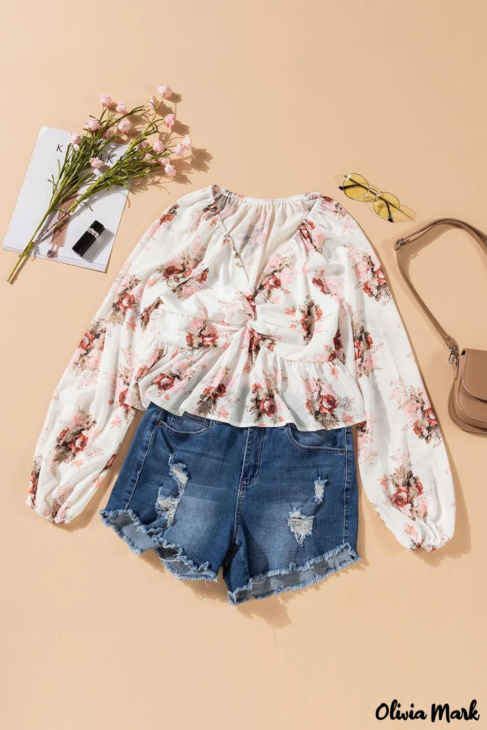 Deanwangkt - Beige Floral V-Neck Balloon Sleeve Twist Front Blouse - Deanwangkt