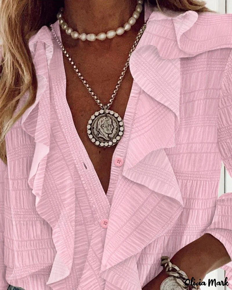 Deanwangkt - Textured Long Sleeve Blouse with Ruffled Hem - Deanwangkt