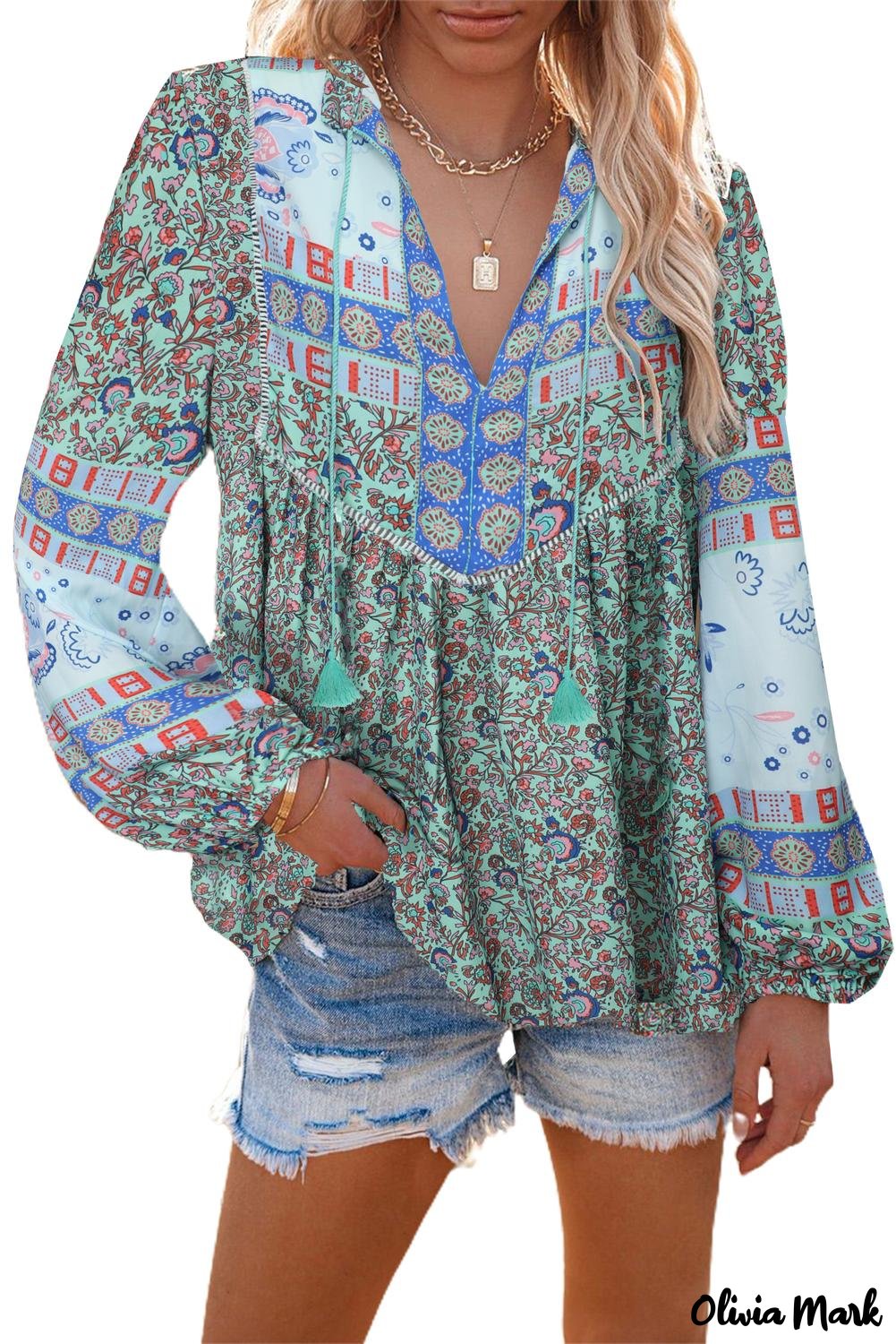 Deanwangkt - Red Floral Patchwork Split Neck Bubble Sleeve Blouse - Deanwangkt