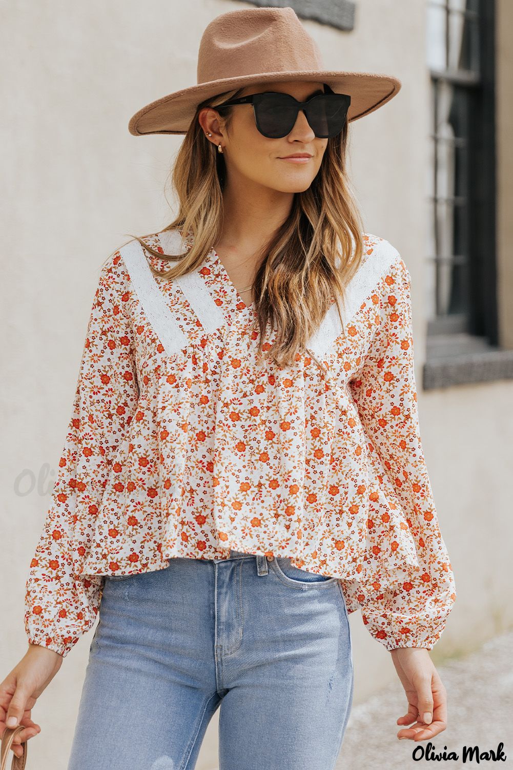 Deanwangkt - Red Floral Print Lace V-Neck Blouse - Deanwangkt