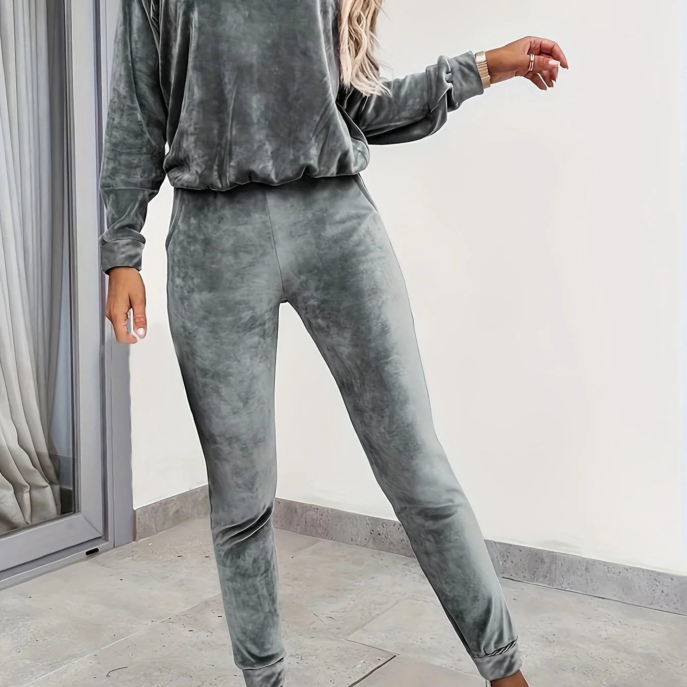 deanwangkt-1  Solid Casual Two-piece Set, Long Sleeve Hooded Tops & Long Length Slim Pants Outfits, Women's Clothing - Deanwangkt