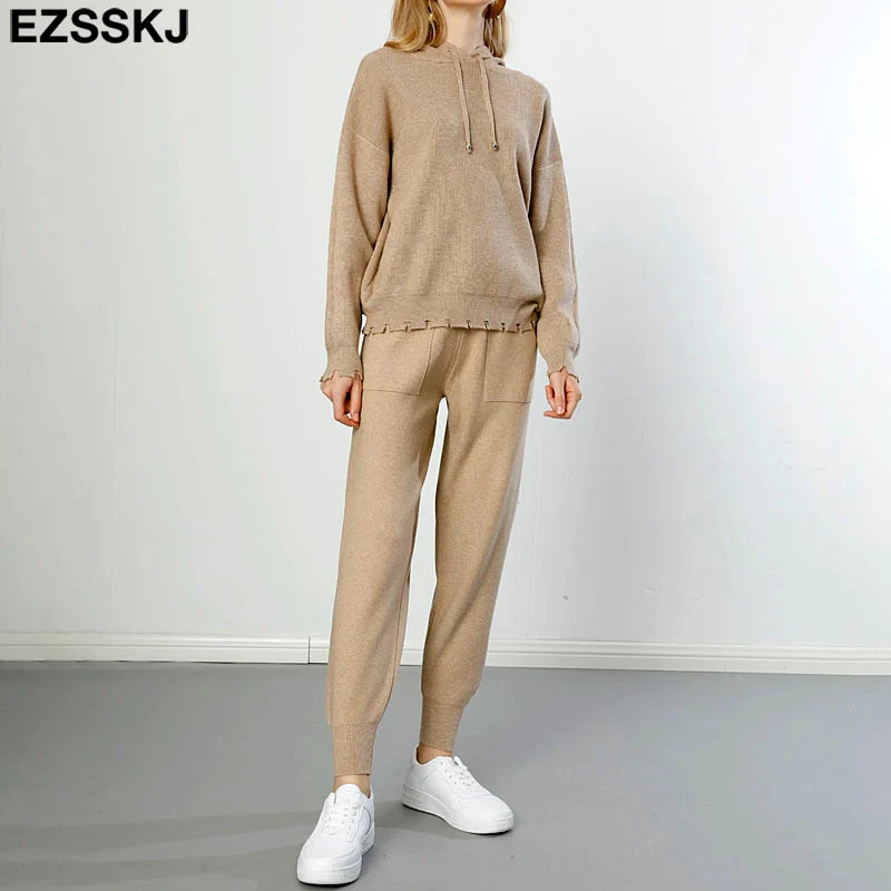 Christmas Gift 2 Pieces Set Women hooded sweater Tracksuit Turtleneck Sweater + Carrot Jogging Pants Pullover Sweater Set CHIC Knitted Outwear - Deanwangkt
