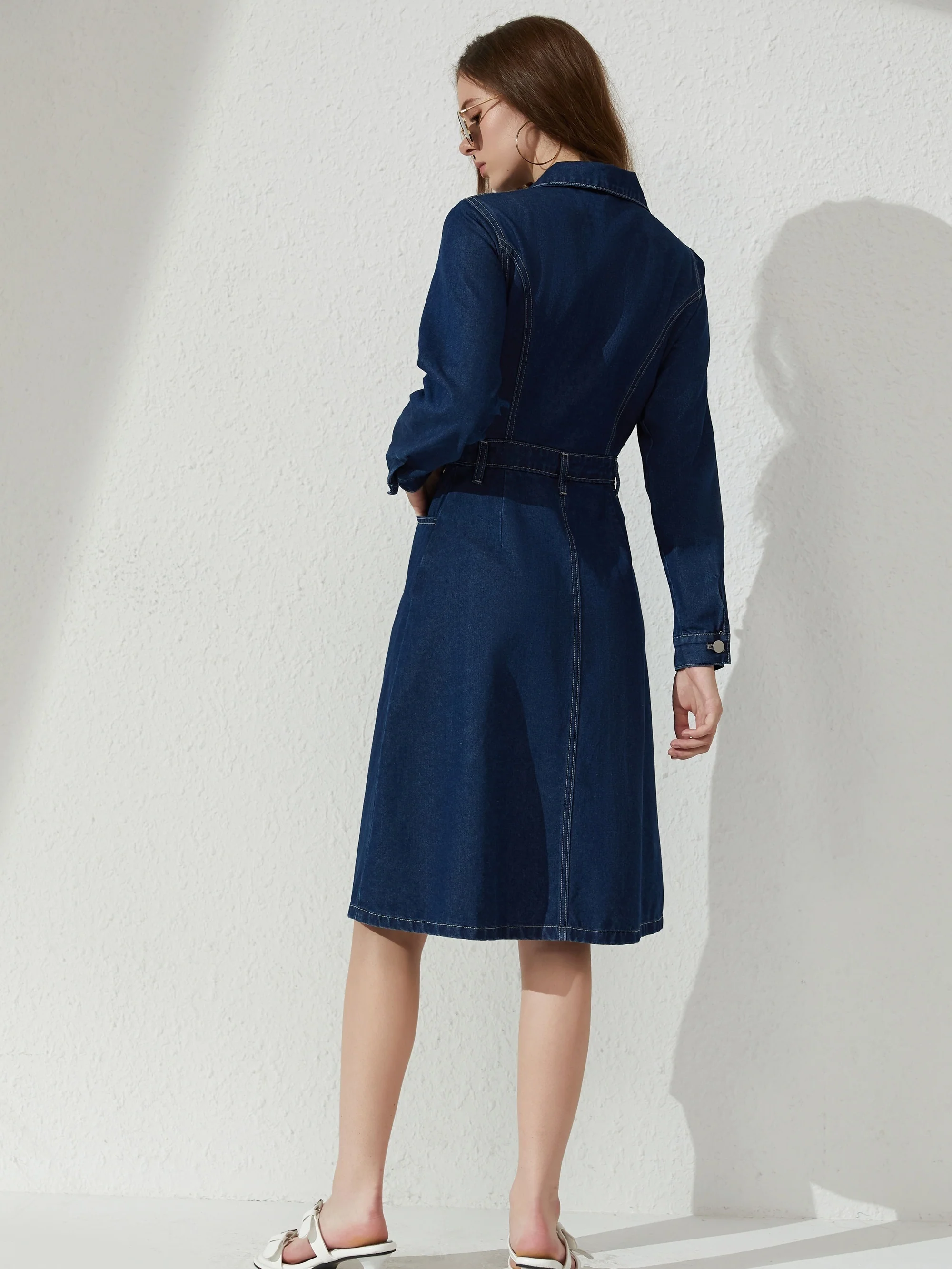 deanwangkt-1  Blue Single Breasted Button Denim Dress, Long Sleeves Slant Pockets Lapel Denim Dress, Women's Denim Clothing - Deanwangkt