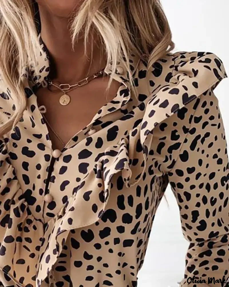 Deanwangkt - Cheetah Print Ruffle Hem Long Sleeve Top - Deanwangkt