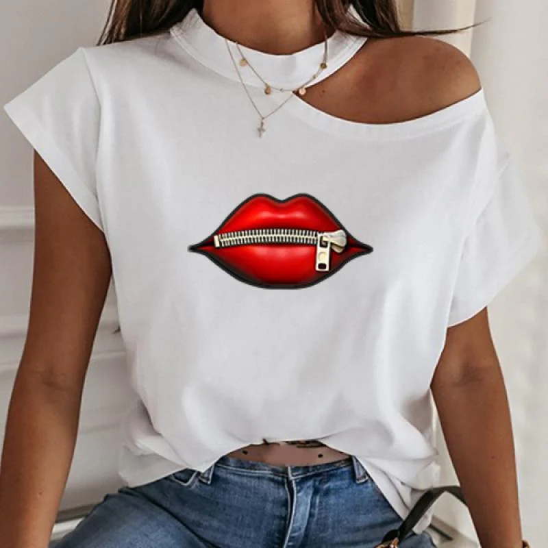 Deanwangkt New Summer Fashion Shirt Lips Short Sleeve  T Shirt Women Tops Base O-neckBlack Tees Kiss Leopard Lip Funny Girls - Deanwangkt
