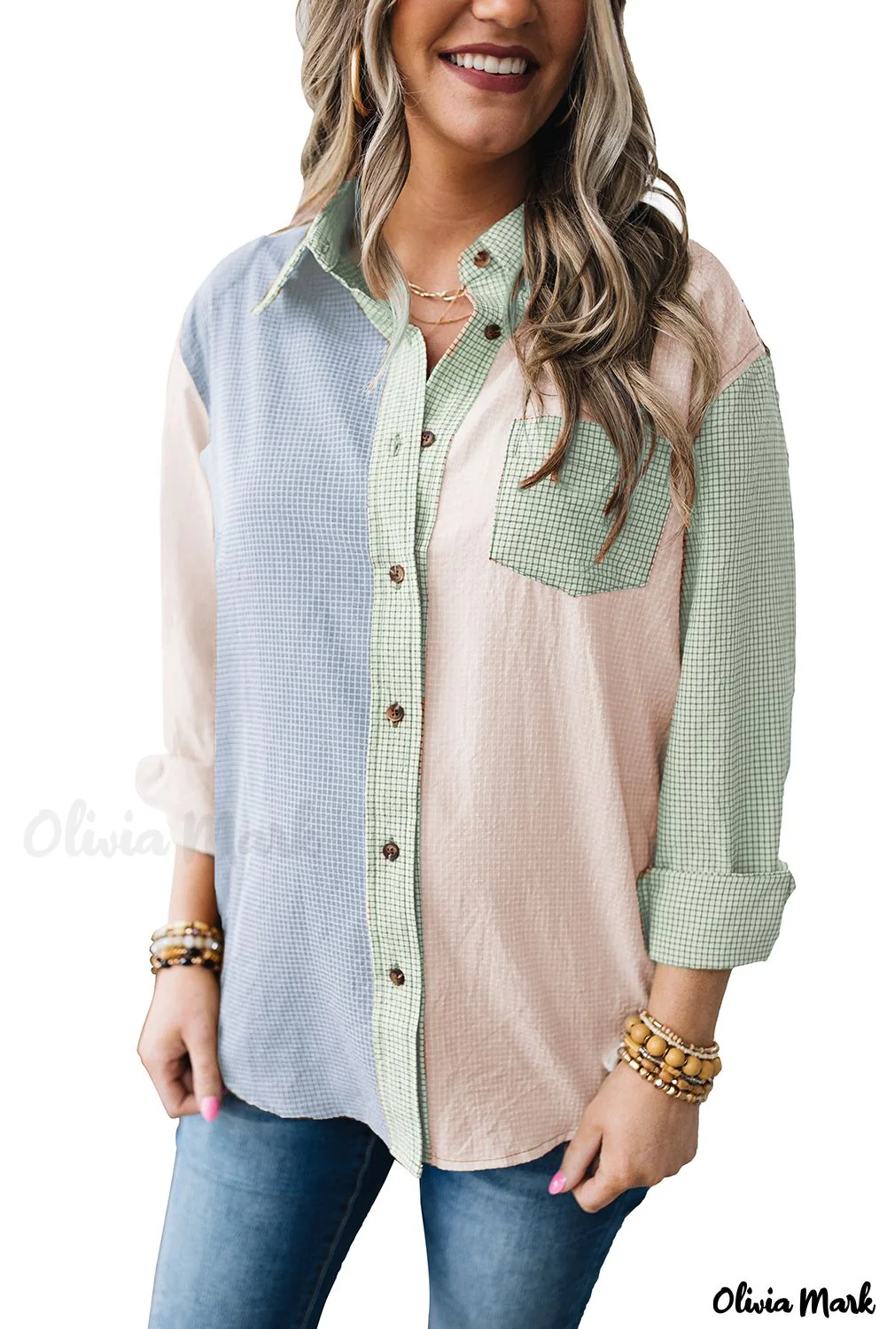 Deanwangkt - Green Plaid Color Block Long Sleeve Shirt - Deanwangkt