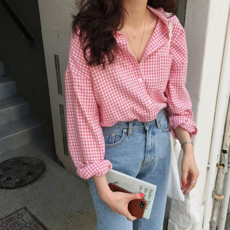 Christmas Gift  New Deanwangkt Women Spring Summer Blouse Shirts Plaid Fashionable Checkered Oversize Buttons Wild Sweet Pink Tops BL1023 - Deanwangkt