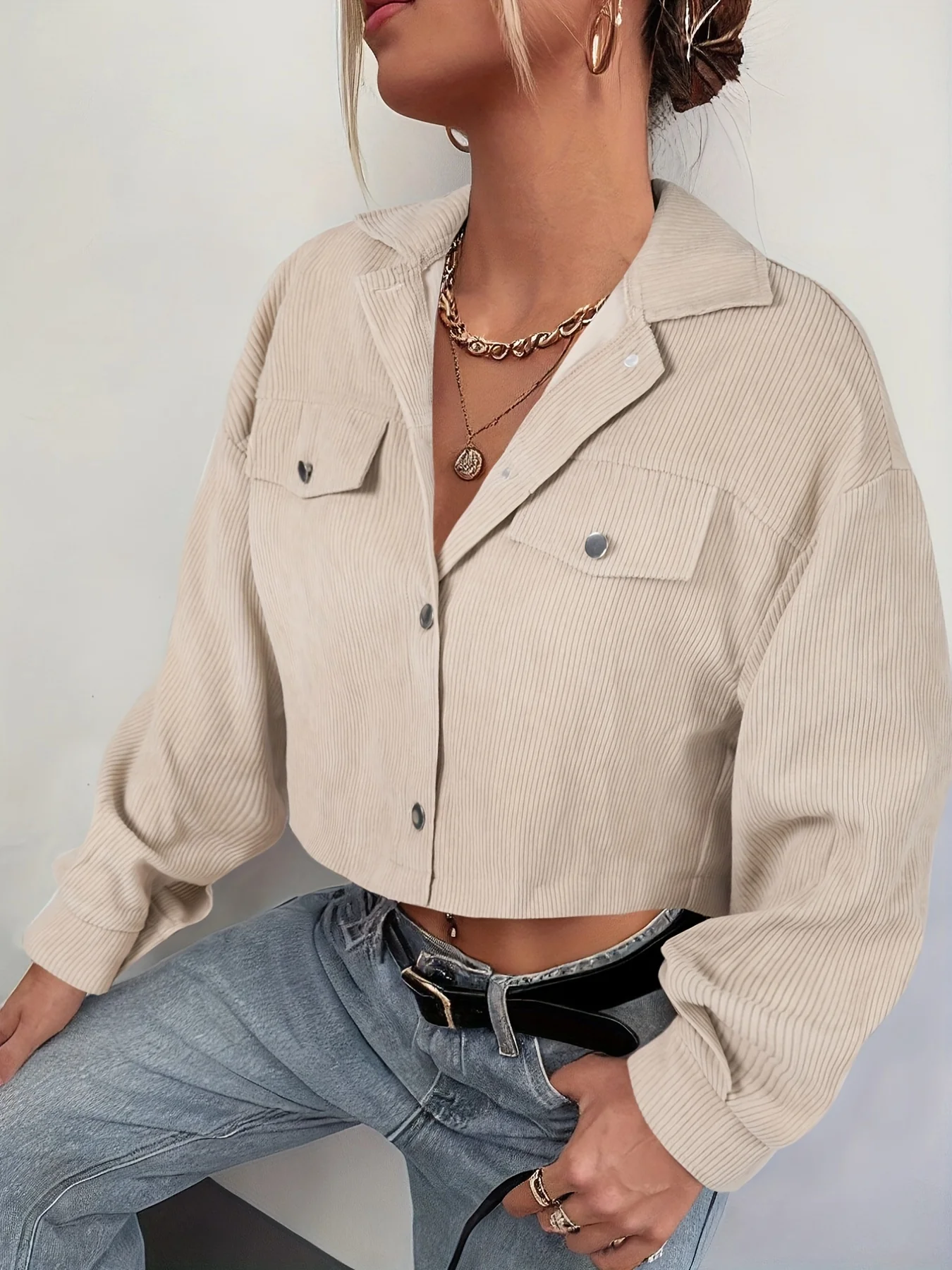 deanwangkt-1  Button Front Flap Pockets Crop Jacket, Casual Long Sleeve Jacket For Fall & Winter, Women's Clothing - Deanwangkt