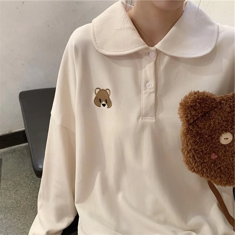 Christmas Gift Autumn Kawaii Bear Embroidery Polo Sweatshirt Deanwangkt Japanese Sweet Preppy Style Hoodie Women Tops Cute Clothes Alt Kpop - Deanwangkt