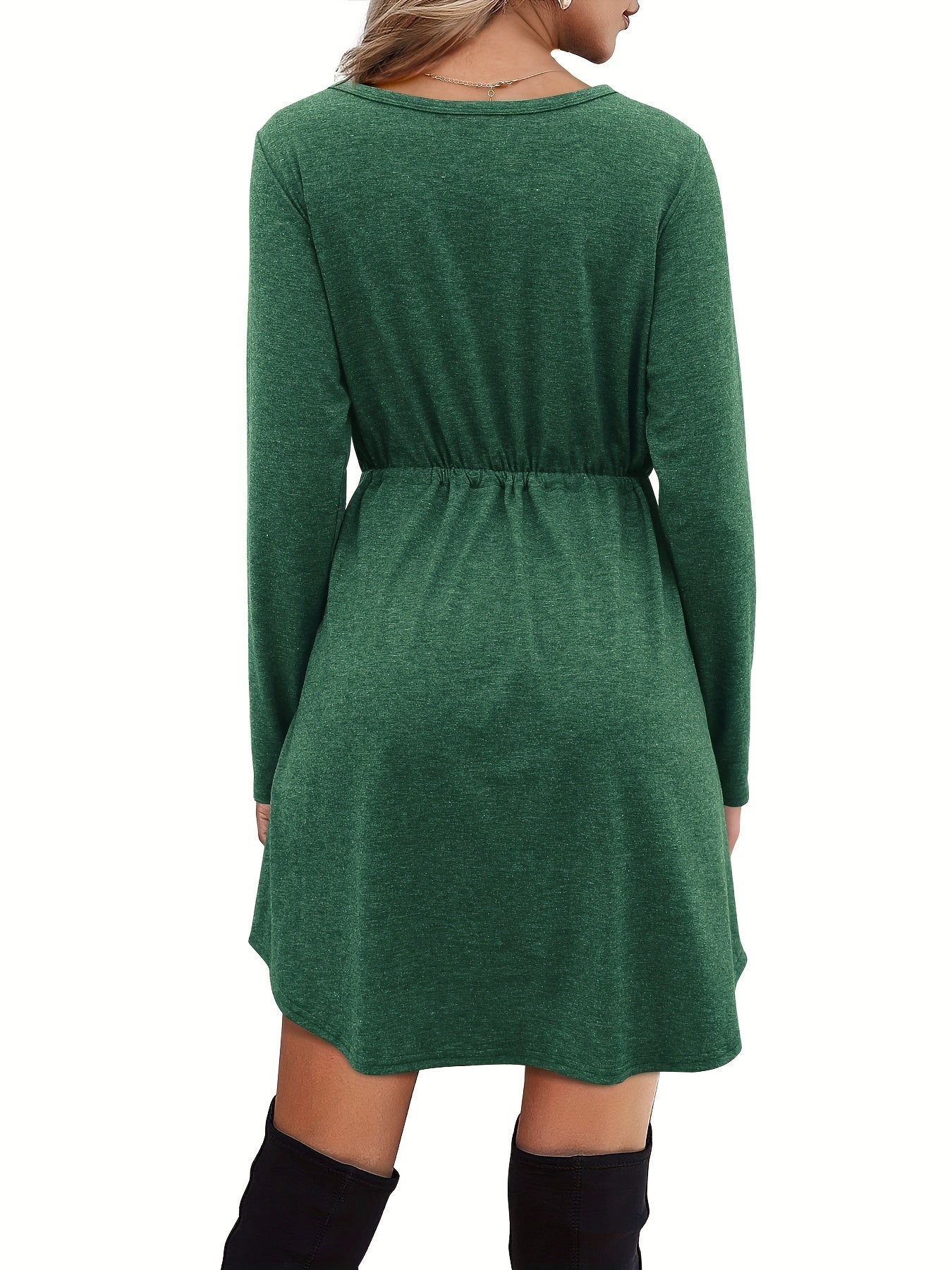 deanwangkt-1 Solid V Neck Drawstring Waist Dress, Casual Button Front Long Sleeve Dress, Women's Clothing - Deanwangkt