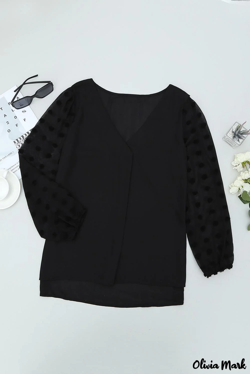 Deanwangkt - Black Polka Dot V-Neck Long Sleeve Blouse - Deanwangkt