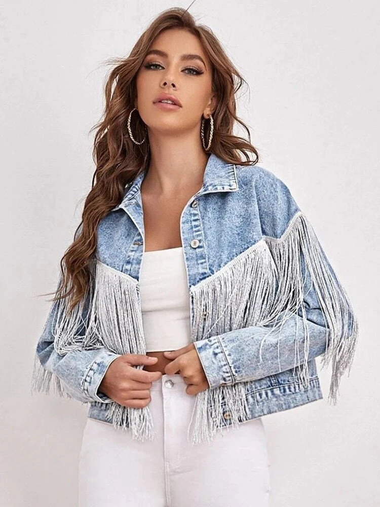 Black Friday Sales New Spring Women Loose Tassel Washed Blue Denim Jacket Streetwear Female Retro Short Coat Ladies Outwear - Deanwangkt