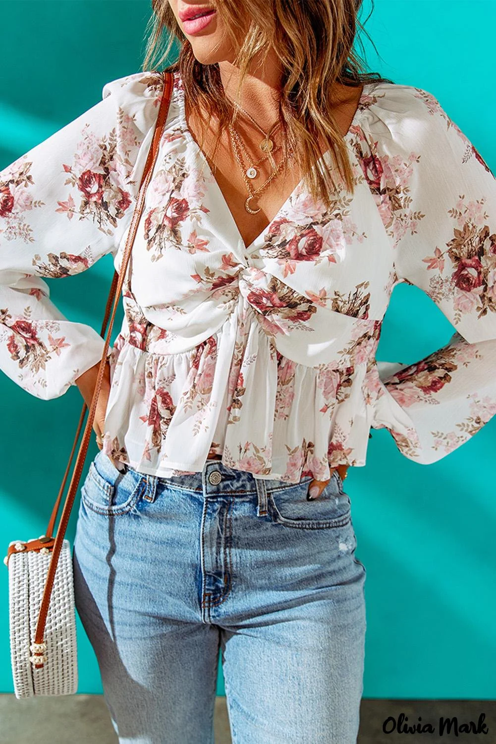 Deanwangkt - Beige Floral V-Neck Balloon Sleeve Twist Front Blouse - Deanwangkt