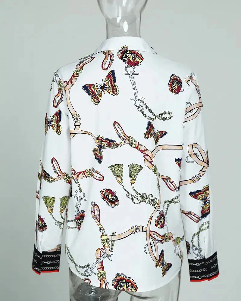 Deanwangkt - Chain Butterfly Print Long Sleeve Casual Shirt - Deanwangkt
