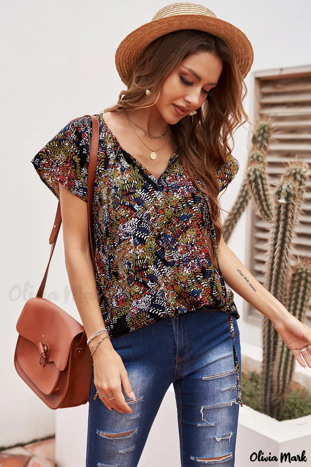 Deanwangkt - Fancy multicolored ruffled blouse with V-neck and short sleeves - Deanwangkt