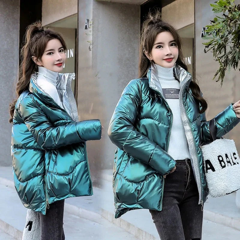 Christmas Gift Deanwangkt New Women's Winter Jacket Glossy Parka Stand Callor Down Cotton Jacket Warm Casual Cotton Padded Parkas Snow Wear Coat - Deanwangkt