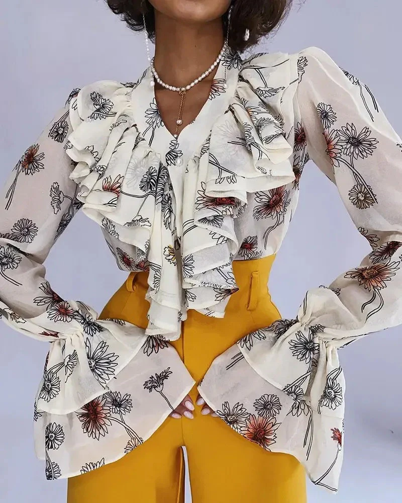 Deanwangkt - Puff Sleeve Floral Print Ruffle Top - Deanwangkt