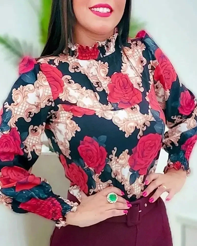 Deanwangkt - Baroque Floral Print Ruched Top With Ruffle Hem - Deanwangkt