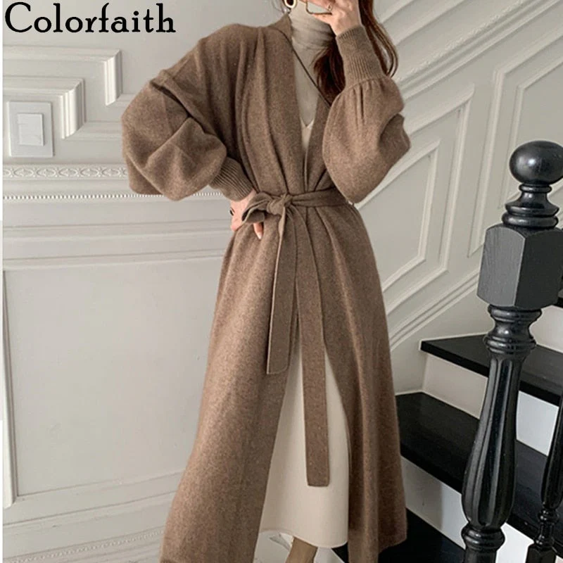 Christmas Gift  New Deanwangkt Women's Autumn Winter Sweaters Elegant Lady Cardigans Oversized Fashionable Lace Up Long Knitwears SWC3517 - Deanwangkt