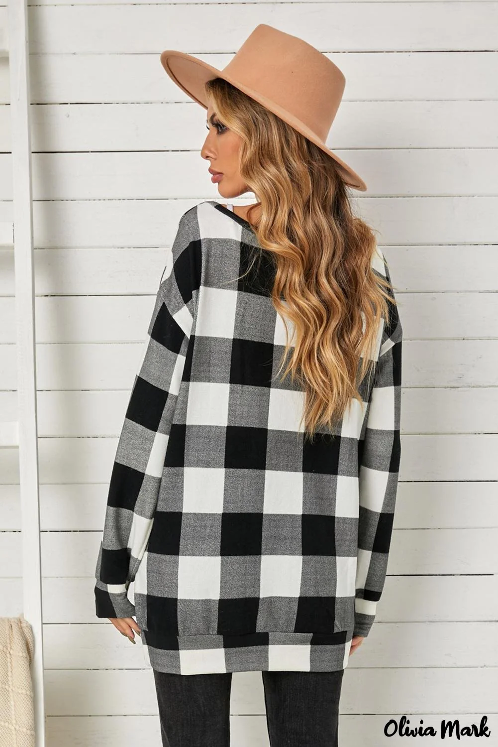 Deanwangkt - Plaid Kangaroo Pocket Long Sleeve Blouse - Deanwangkt