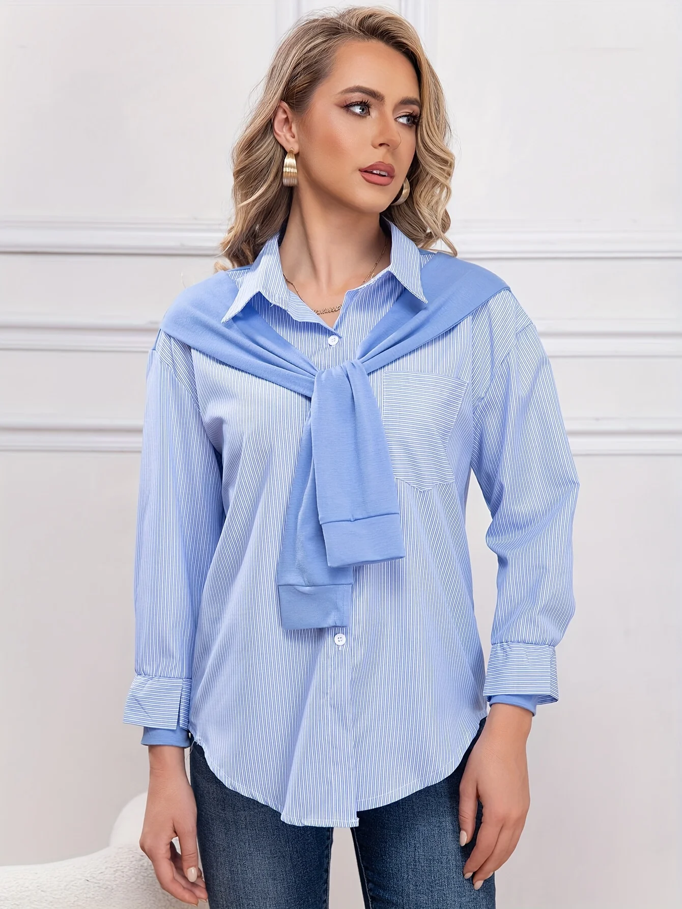 Tie Front Stripe Print Polo Collar Blouse, Casual Long Sleeve Blouse For Spring & Fall, Women's Clothing - Deanwangkt