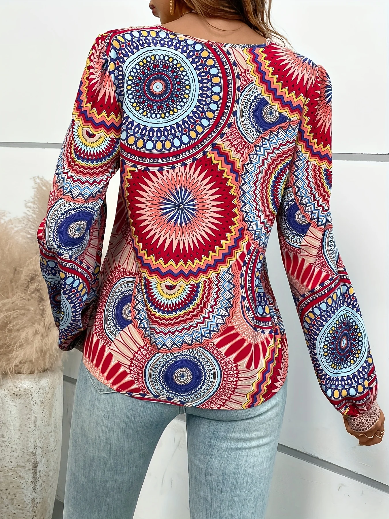 Mandala Floral Print Blouse, Boho Guipure Lace V Neck Long Sleeve Blouse, Women's Clothing - Deanwangkt