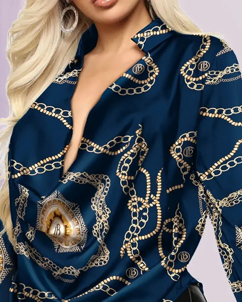 Deanwangkt - Baroque Chain Print Cowl Neck Long Sleeve Top - Deanwangkt